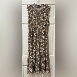 JCREW polka dot midi dress , brown and white , high neck , smocked waist